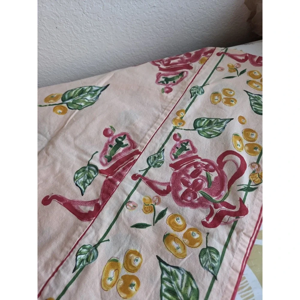 April Cornell Tablecloth 52x52 Square Peach Teapot Floral Border Unique